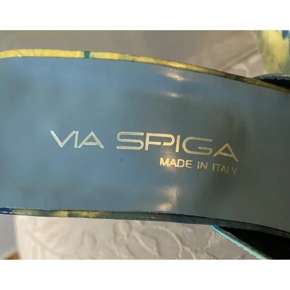 Via Spiga Open-Toe Mules Yellow & Blue Abstract Pattern Shoes Heels Size 10 - Picture 7 of 9